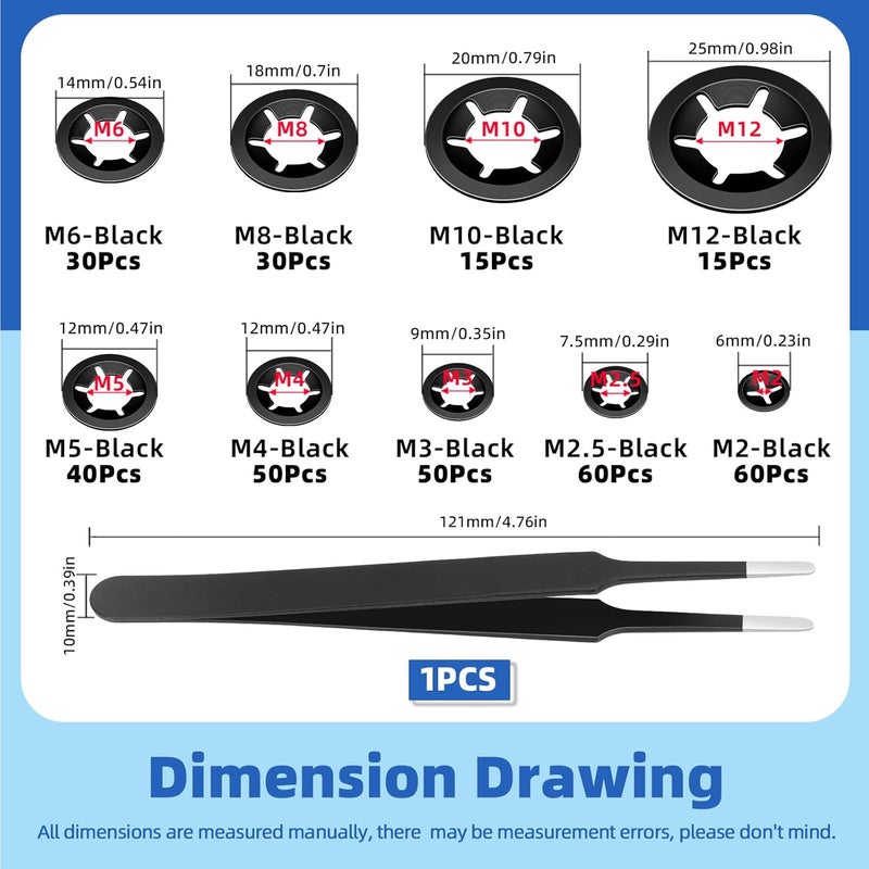 Glarks 351pcs 65Mn-Steel Internal Tooth Star Lock Washers Assortment Kit M2-M12 Quick Speed Locking Washers - Image 2